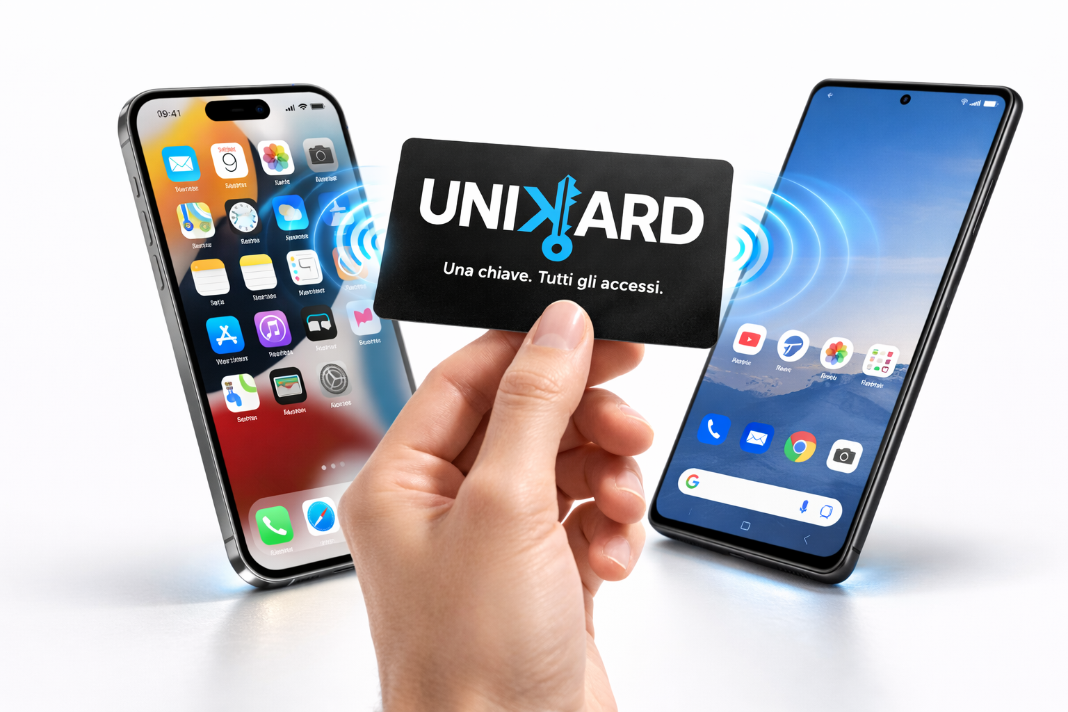 UniKard card digitale visualizzata su iPhone e smartphone Android